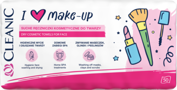 Cleanic I love make-up, bawełniane ręczniczki do demakijażu i osuszania twarzy, 50 sztuk, biało-różowe.