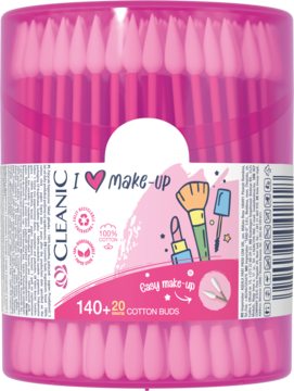 Frontowy widok: różowe patyczki Cleanic I Love make-up w przezroczystym pojemniku, 160 sztuk, innowacyjne końcówki.