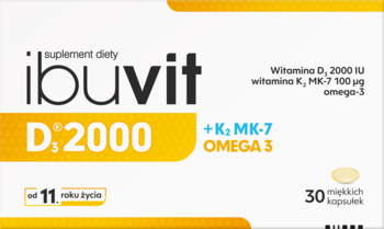 Opakowanie Ibuvit D3 2000 + K2 MK-7 Omega 3, biało-żółte, z napisem "od 11 roku życia" i "30 miękkich kapsułek", widok z przodu.