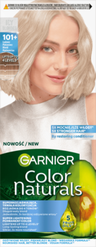 Garnier Color Naturals 101+ Icy Blondes farba do włosów. Opakowanie z blondynką i awokado, front, 5 Fruit Oils.