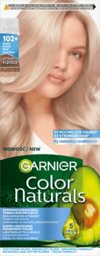 Garnier Color Naturals Icy Blondes 102+ farba rozjaśniająca, opakowanie z modelką i awokado, widok z przodu.