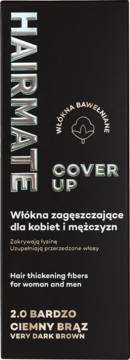 Hairmate Cover Up 2.0 Very Dark Brown, włókna zagęszczające, czarne opakowanie z logo, widok z przodu.