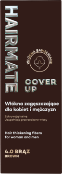 Brunatne opakowanie Hairmate Cover Up, włókna zagęszczające dla kobiet i mężczyzn, kolor 4.0 BRĄZ. Widok z przodu.