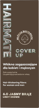 HAIRMATE Cover Up, 6.0 Jasny Brąz, bawełniane włókna zagęszczające, brązowe opakowanie, widok z przodu.