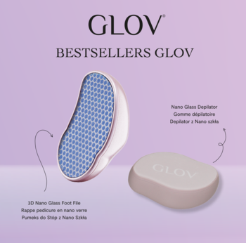 GLOV Nano Glass Zestaw: różowy pilnik do stóp 3D i beżowy depilator, na miękkim fioletowym tle.
