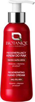 Czerwony krem do rąk BIOTANIQE z pompką, regenerujący dla bardzo suchej skóry, widok z przodu.