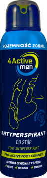 Granatowy antyperspirant do stóp 4 Active men w aerozolu 200ml, widok z przodu, z grafiką stopy.