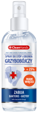 CLEANHANDS spray grzybobójczy do stóp i obuwia (+25%), w przezroczystej butelce z białym atomizerem, widok z przodu.