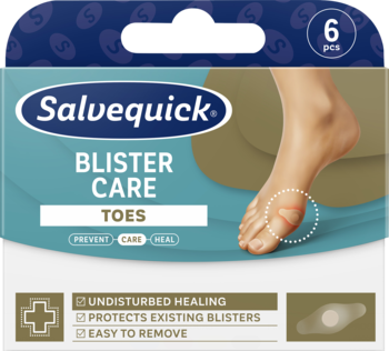 Salvequick Blister Care Toes, hydrożelowe plastry na pęcherze palców stóp, opakowanie 6 szt., widok z przodu.