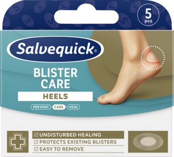 Salvequick Blister Care Heels, niebieskie opakowanie 5 szt. z grafiką pięty, na pęcherze, widok z przodu.