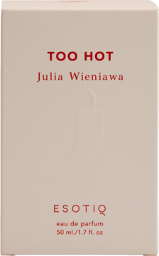Pudełko perfum ESOTIQ TOO HOT Julia Wieniawa 50ml, beżowe z czerwonym tekstem i chili, widok z przodu.
