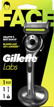 Gillette Labs maszynka do golenia w opakowaniu: srebrna rączka, zielona głowica, z 1 wkładem i podstawką.