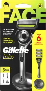 Gillette Labs maszynka w żółto-czarnym pudełku z 3 wkładami i podstawką, widok z przodu, do 6 miesięcy golenia.