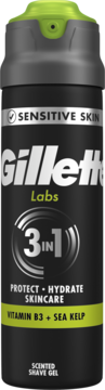 Gillette Labs żel do golenia dla wrażliwej skóry, czarna butelka z zieloną nasadką, witamina B3 + kelp.