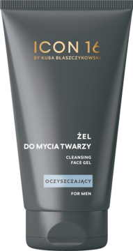 Ciemnoszara tubka żelu oczyszczającego do twarzy ICON 16 dla mężczyzn, z białymi i złotymi napisami, widok z przodu.