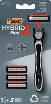 Maszynka BIC Hybrid Flex 4 z 4 ostrzami, technologią Nano Tech i tytanem. Zestaw 1+3 w recyklingowym opakowaniu, widok z przodu.