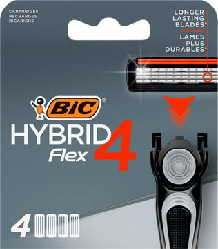 Opakowanie maszynki BIC Hybrid Flex 4, szare, z rączką i 4 wkładami, pomarańczowa strzałka wskazuje mocowanie.