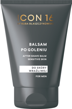 Ciemnoszary balsam po goleniu ICON 16 do skóry wrażliwej w tubce, widok z przodu na etykietę.