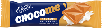 Elodie Choco me Caramel White Chocolate, niebieskie opakowanie z widoczną grafiką kostki karmelowej czekolady i kremu.