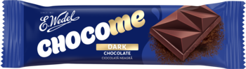 E.Wedel Chocome Dark Chocolate bar w ciemnoniebieskim opakowaniu, z widocznym kawałkiem ciemnej czekolady.