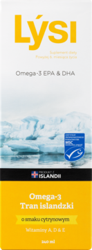 Biało-żółte opakowanie Lýsi Omega-3 Tran islandzki o smaku cytrynowym z witaminami A, D, E, 240 ml, widok z przodu.