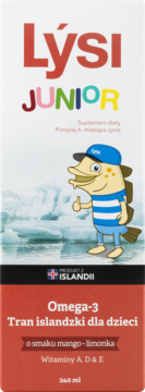 Lýsi Junior Omega-3 Tran islandzki dla dzieci o smaku mango-limonka, w biało-czerwonym pudełku, widok z przodu.