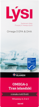 Lýsi Omega-3 Tran islandzki tutti frutti 240ml, witaminy A, D, E, biało-różowe opakowanie, przód.