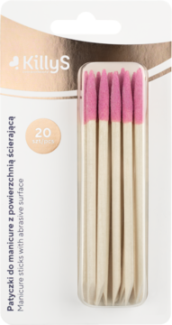 KillyS patyczki do manicure z powierzchnią ścierającą, 20 sztuk, drewniane, różowe końcówki, w blistrze.