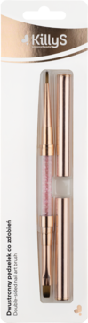 KillyS dwustronny pędzelek do zdobień paznokci w rose gold, z brokatem, widok z przodu w opakowaniu blister.