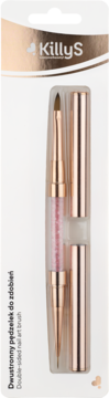 KillyS dwustronny pędzelek do zdobień paznokci, w białym opakowaniu, z różowo-złotymi detalami i kryształkami, widok z przodu.
