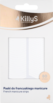 Białe paski KillyS do francuskiego manicure, 80 sztuk, w białym opakowaniu z różowo-złotym designem.