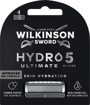 Wilkinson Sword Hydro 5 Ultimate Blades, 4 sztuki, nawilżające ostrza z kwasem hialuronowym, na ciemnym opakowaniu.