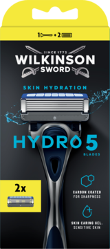 Wilkinson Sword Hydro 5 maszynka, 5 ostrzy, żel dla wrażliwej skóry, 2 zapasowe, czarno-żółte opakowanie, widok z przodu.