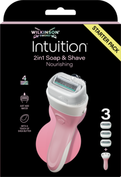 Wilkinson Sword Intuition 2w1 Nourishing starter pack, różowo-biała maszynka z 4 ostrzami i 3 wkładami.