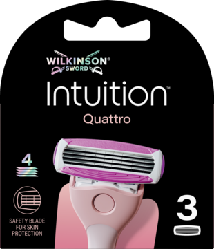 Wilkinson Sword Intuition Quattro: 3 wkłady ostrzy, różowo-biała głowica z 4 ostrzami, widok z przodu opakowania.