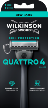 Wilkinson Sword Quattro 4 Blades razor z ochroną skóry, w czarnym opakowaniu z turkusowymi detalami.