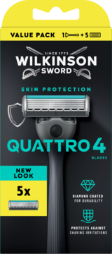 Wilkinson Sword Quattro maszynka do golenia 4 ostrza, Skin Protection, zestaw 1+5 w czarnym opakowaniu, widok z przodu.