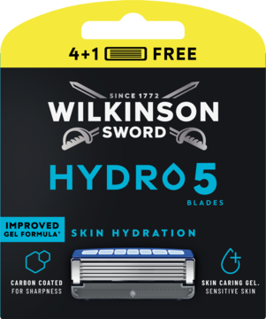 Czarno-żółte opakowanie Wilkinson Sword Hydro 5 Blades 4+1 FREE, z ostrzem i logo mieczy. Podkreślona hydracja.