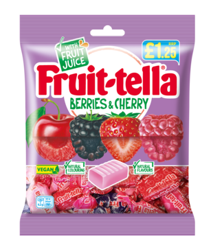 Fioletowa torebka Fruittella Berries & Cherry z wegańskimi, owocowymi cukierkami, widok z przodu.