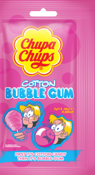 Chupa Chups Cotton Bubble Gum tutti frutti, różowa saszetka z grafiką dzieci, wata cukrowa zmieniająca się w gumę.