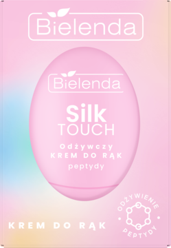 Bielenda Silk Touch Odżywczy Krem Do Rąk z peptydami. Różowe opakowanie z grafiką owalu, widok z przodu.