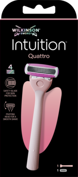 Maszynka Wilkinson Sword Intuition Quattro w czarno-różowym opakowaniu, z różową rączką i 4 ostrzami.
