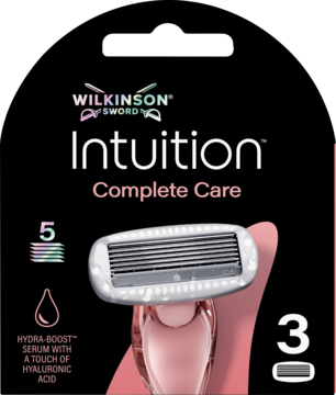 Wilkinson Sword Intuition Complete Care, 3 wkłady, 5 ostrzy, serum Hydra-Boost, na czarnym tle.