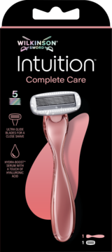 Wilkinson Sword Intuition Complete Care maszynka do golenia z 5 ostrzami i serum hialuronowym w czarnym opakowaniu.