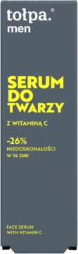 Tołpa Men serum do twarzy z witaminą C, ciemnoszare opakowanie, żółte napisy, widok z przodu, redukuje niedoskonałości.