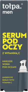 tołpa. men serum pod oczy z witaminą C, szara butelka z białym dozownikiem, widok z przodu.