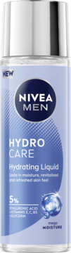 New NIVEA MEN Hydro Care Hydrating Liquid, clear bottle, blue label with 5% Hyaluronic Acid & Vitamins.
