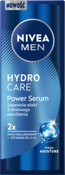 Niebieskie NIVEA MEN Hydro Care Power Serum, NOWOŚĆ, widok z przodu, z kwasem hialuronowym i witaminami.