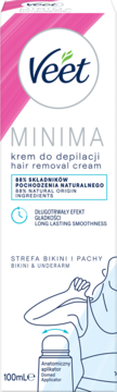 Krem do depilacji Veet Minima 100ml, front biało-różowego opakowania z aplikatorem i ilustracją pod pachę.