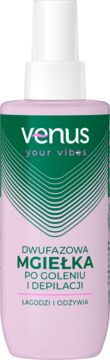 Różowa mgiełka Venus 'your vibes' dwufazowa po goleniu i depilacji, z zieloną etykietą, widok z przodu. Łagodzi i odżywia.